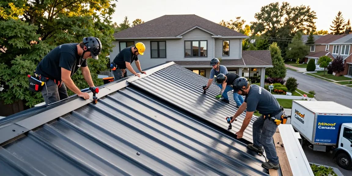 MRoof Canada installation team positioning metal roofing on a home in Toronto, showcasing professional craftsmanship and teamwork.