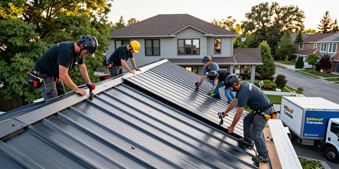 MRoof Canada installation team positioning metal roofing on a home in Toronto, showcasing professional craftsmanship and teamwork.