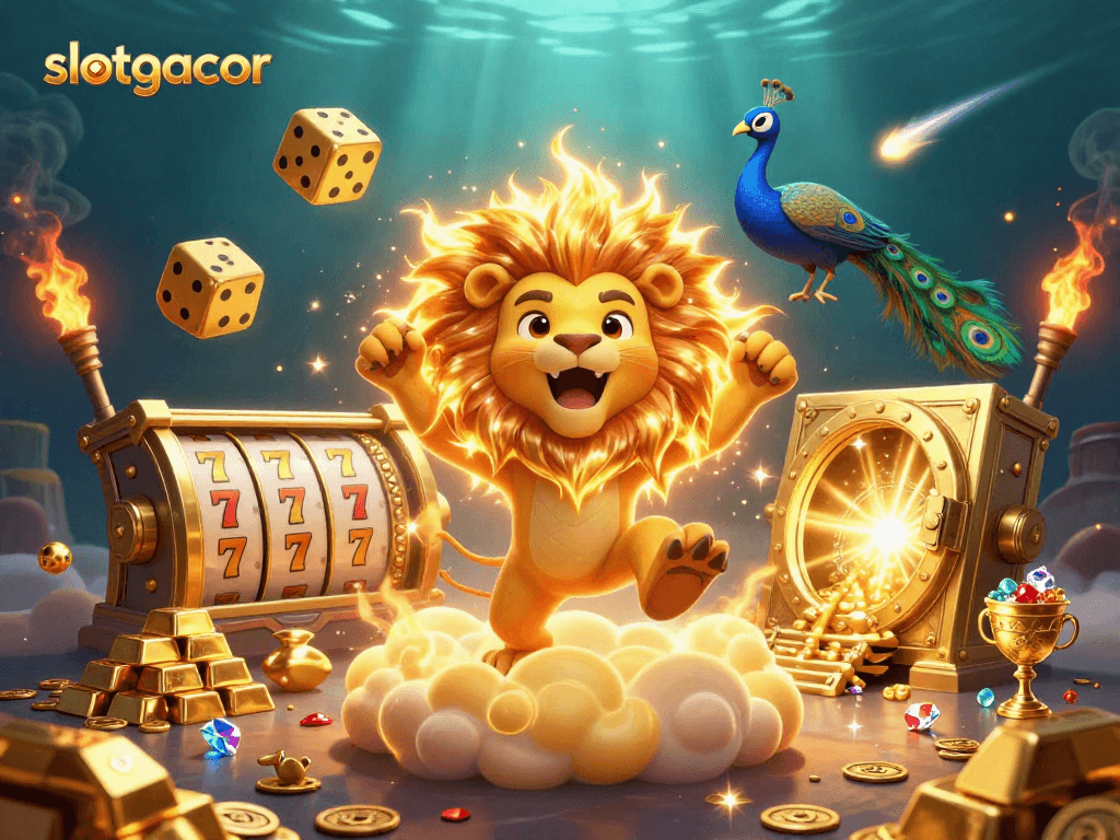 Experience slotgacor excitement with a vibrant 3D casino scene featuring dynamic characters and gold treasures.