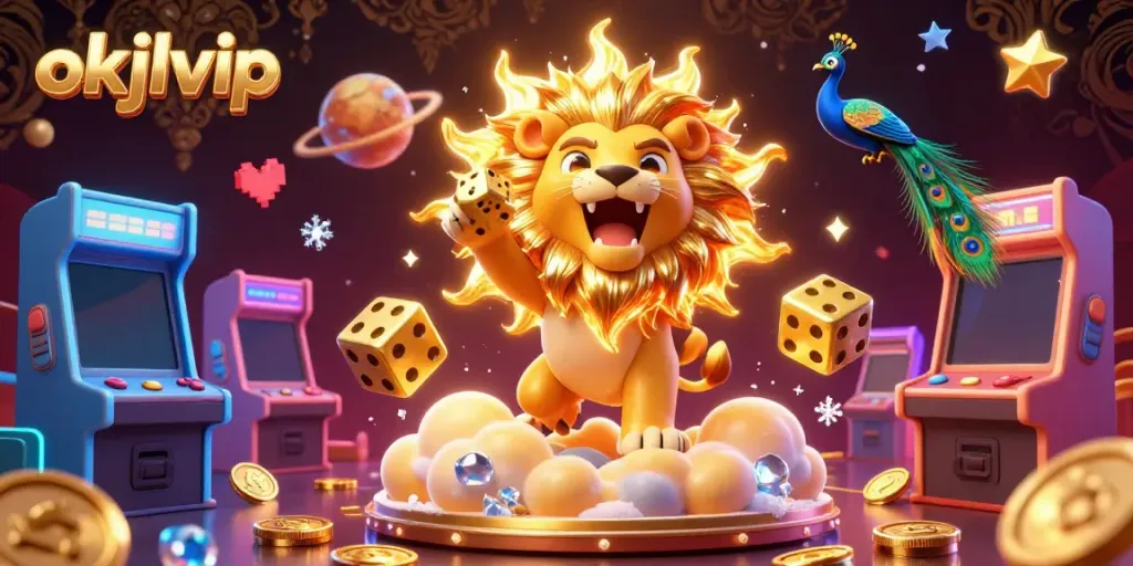 Engage with the thrilling vibe of okjlvip as a roaring sun lion and vibrant game elements create a dynamic casino atmosphere.