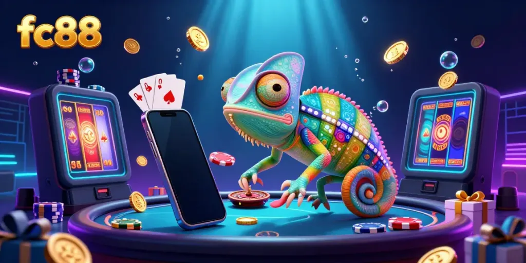 Experience thrilling gaming at fc88 with a vibrant chameleon casino owner amid exciting gambling elements.