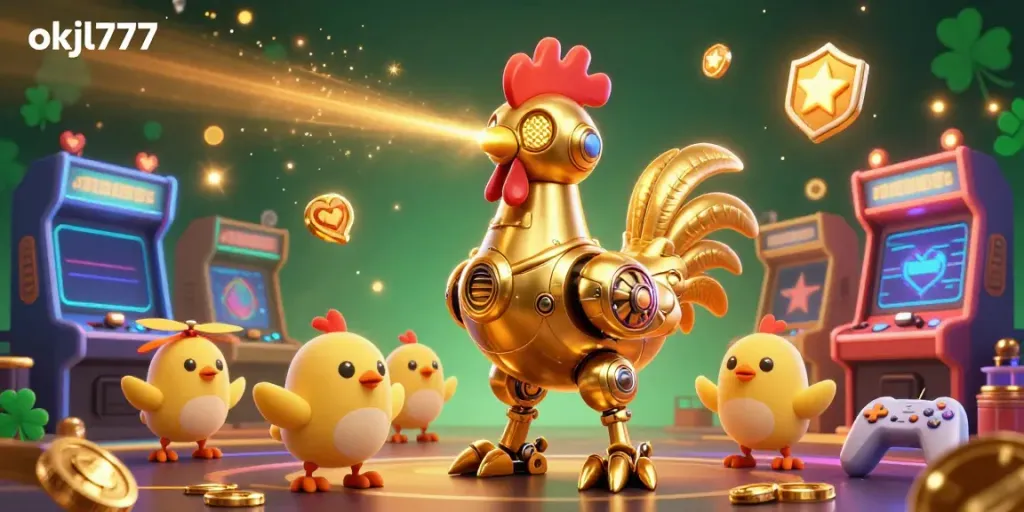Engage in thrilling gaming adventures with okjl777's retro-futuristic casino illustration featuring a golden rooster.