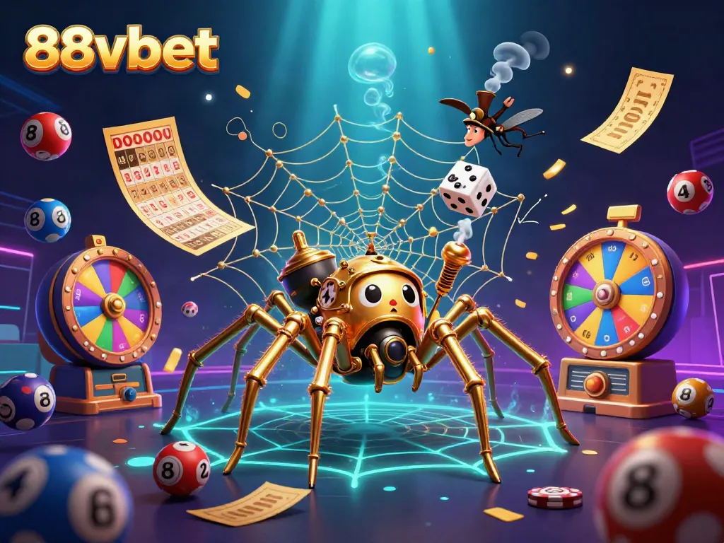 Engage with 88vbet's dynamic gambling scene featuring vibrant lottery elements and a whimsical spider hero.