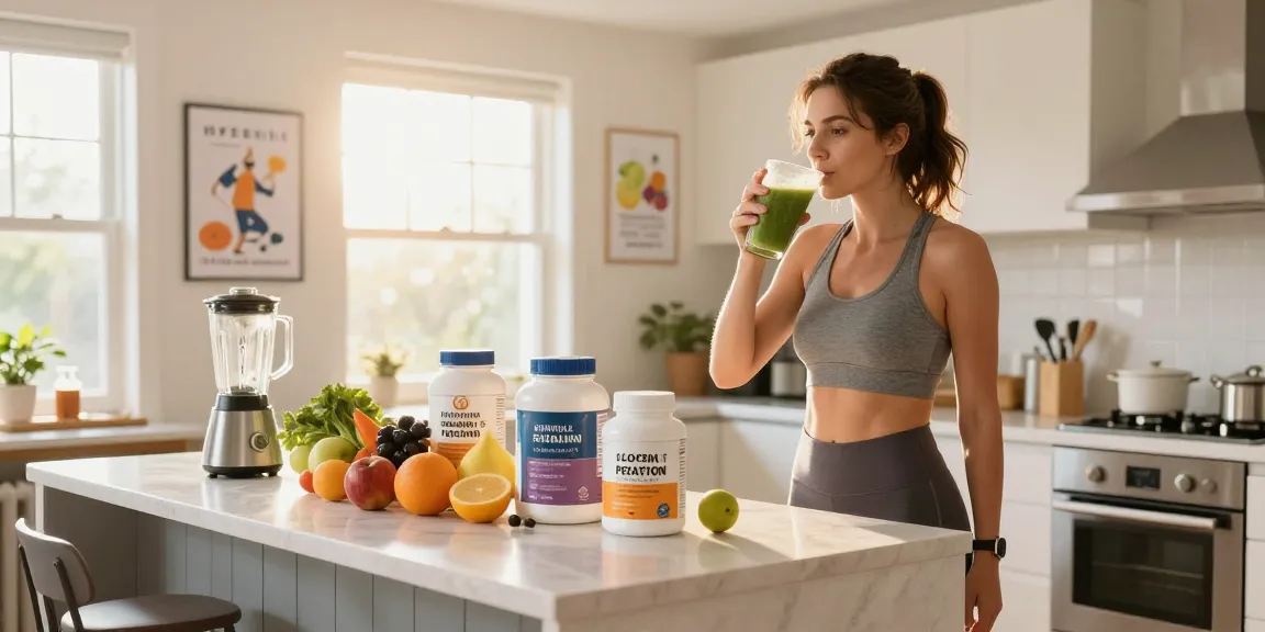 Peptides for sale showcased in a vibrant kitchen, emphasizing wellness and vitality with smoothie and fitness elements