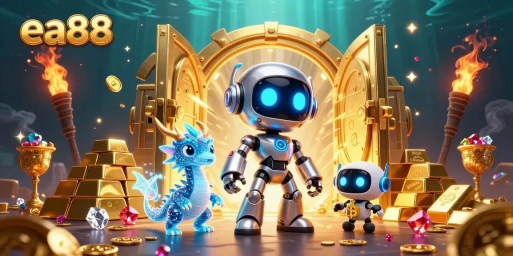Experience wins at EA88 with a vibrant scene featuring a cyberpunk robot and treasures.