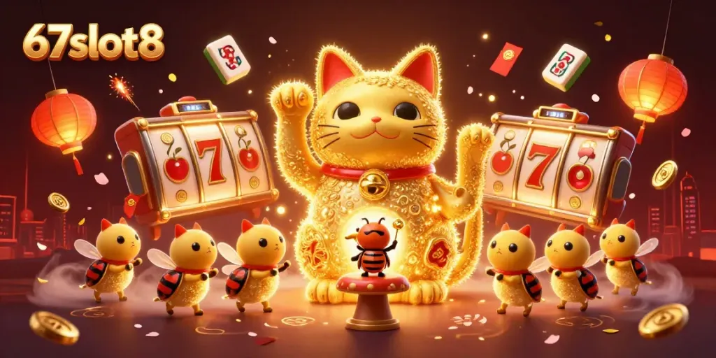 Join the celebration at 67slot8 as a giant lucky cat symbolizes winning with vibrant casino elements.