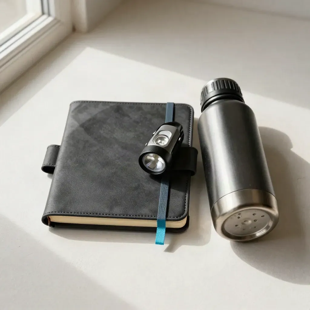 Overhead trail kit on pale plaster: notebook, route sleeve, headlamp and bottle with a sky-blue accent.