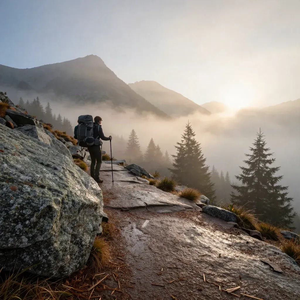 Misty sunrise trailhead with cedar path, granite boulders, day-pack and trekking poles