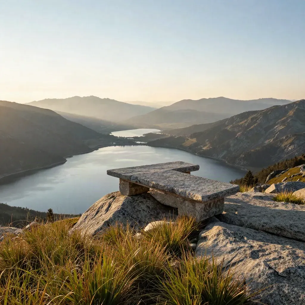 Sunlit ridge lookout framing a glassy alpine lake with grasses and mountain haze.