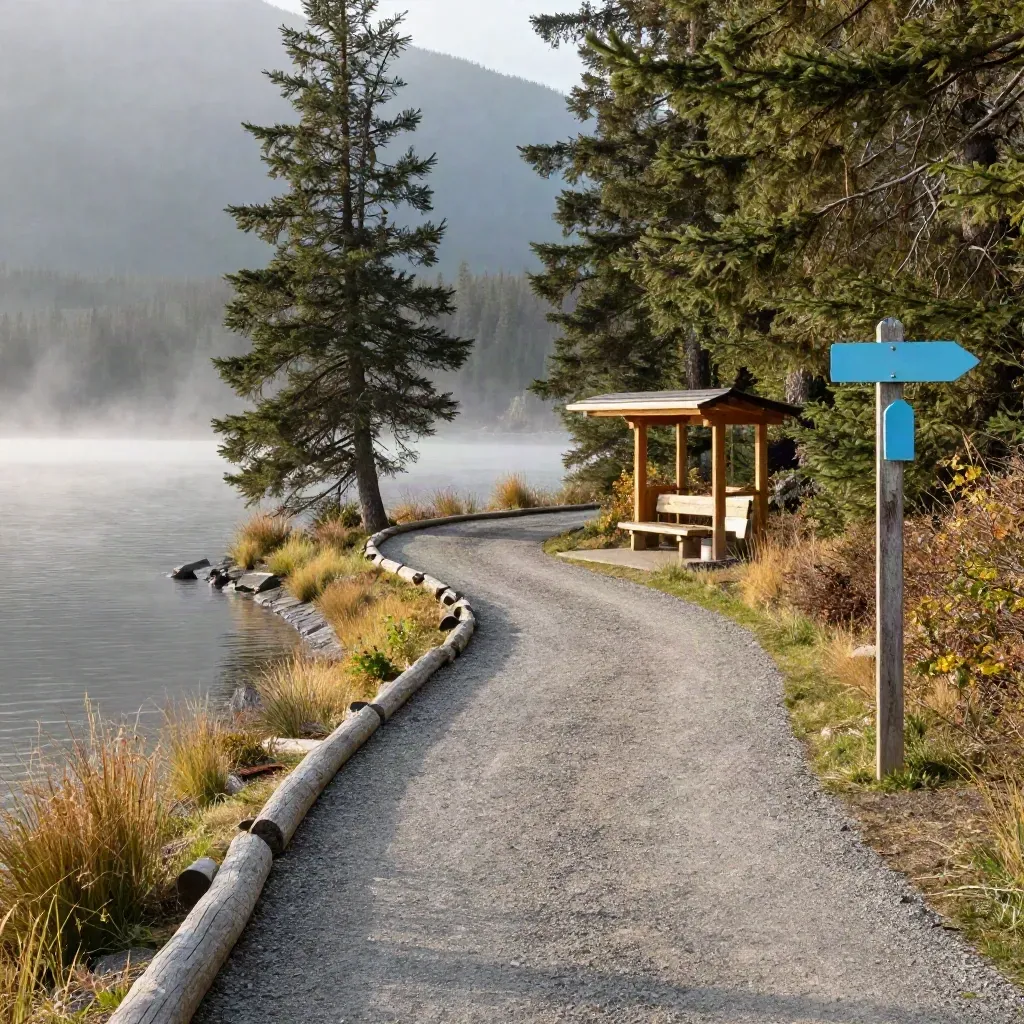 Curving lakeshore gravel trail with log edging, spruce shelter, and blue route marker in mist