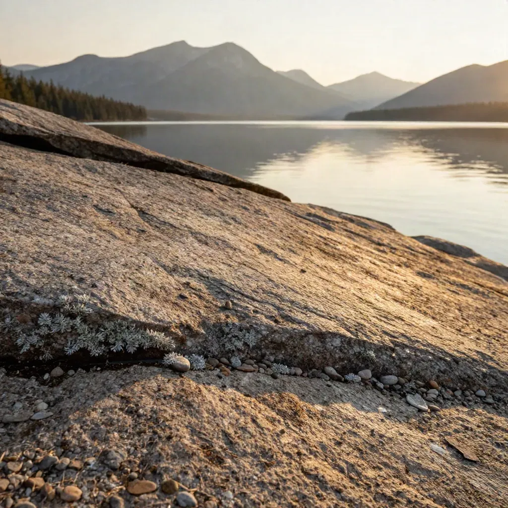 Sunrise lake shore rock with gold light, water reflections, and ridge haze