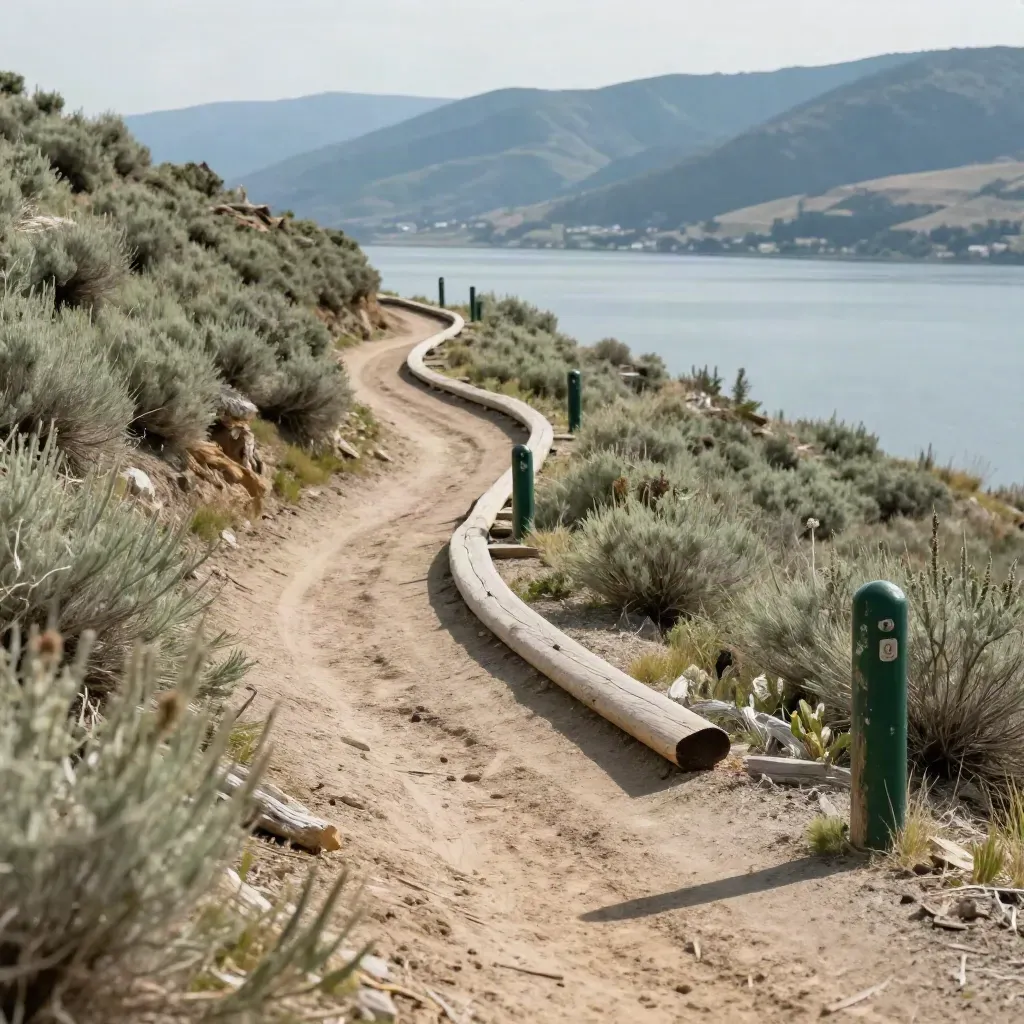Gentle switchback trail above sagebrush and lake-backed hills, empty and ready in warm light.