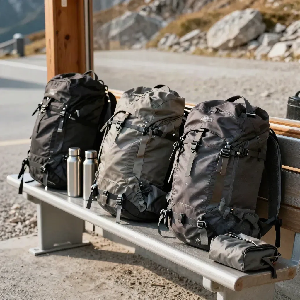 Four packed daypacks and gear ready at a quiet alpine shuttle stop in cool mountain air.