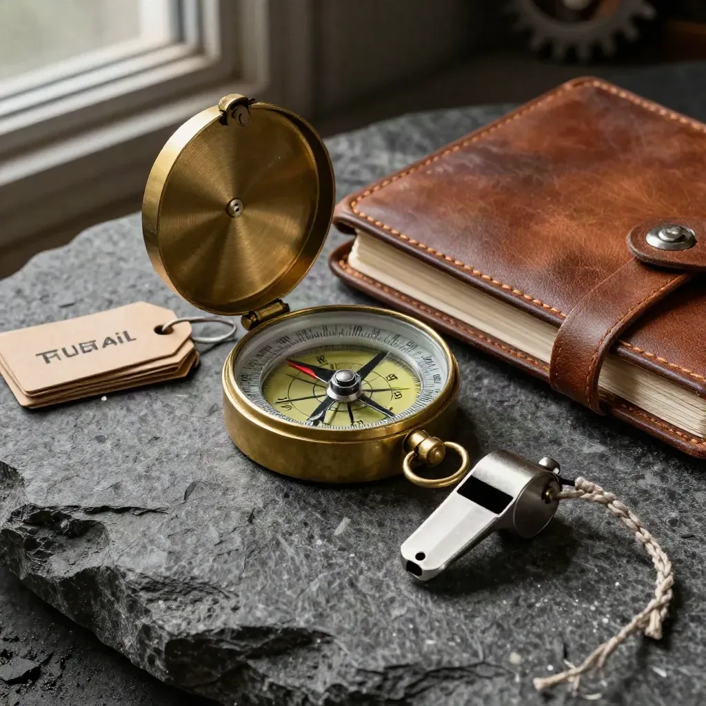 Compass, whistle, trail tags and leather notebook on dark stone under dramatic rim light