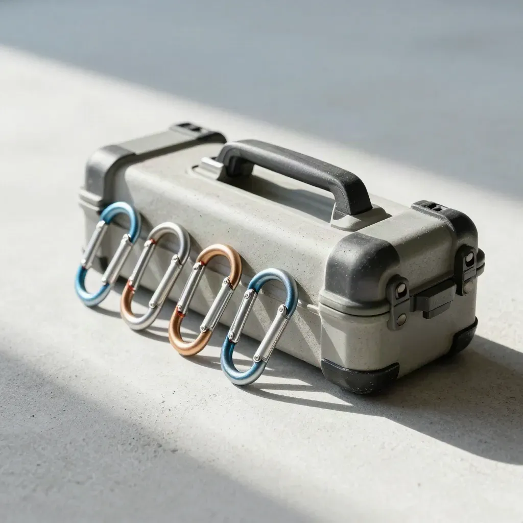 Rolled topo tubes, route clip, weatherproof case and blue carabiners on pale concrete.