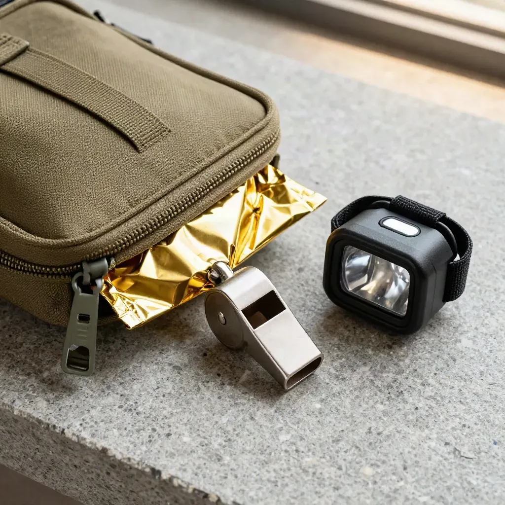 Trail safety kit with pouch, foil blanket, whistle, and headlamp on stone.