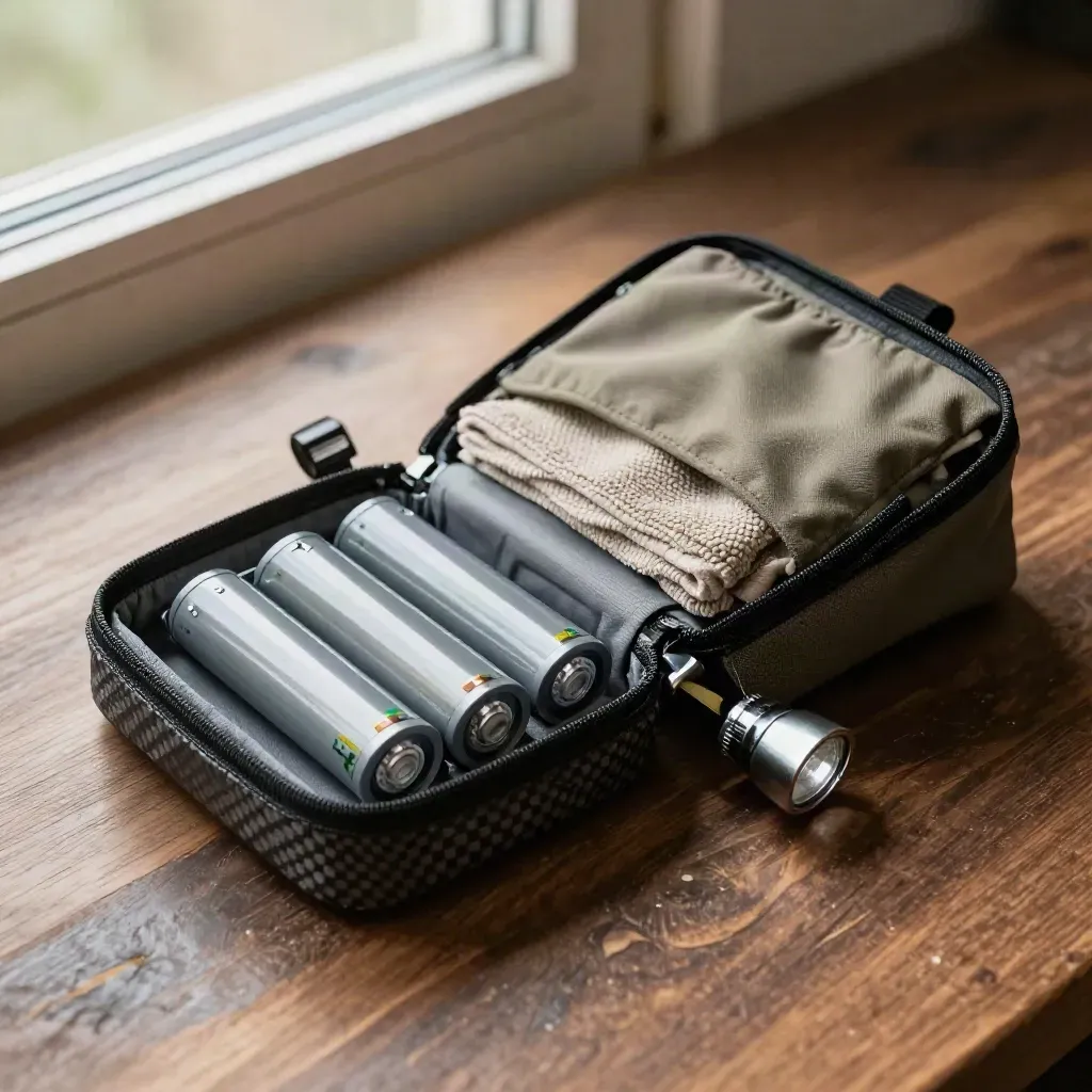 Open trail guide kit on dark wood: pouch, batteries, cloth and compact light in soft daylight.