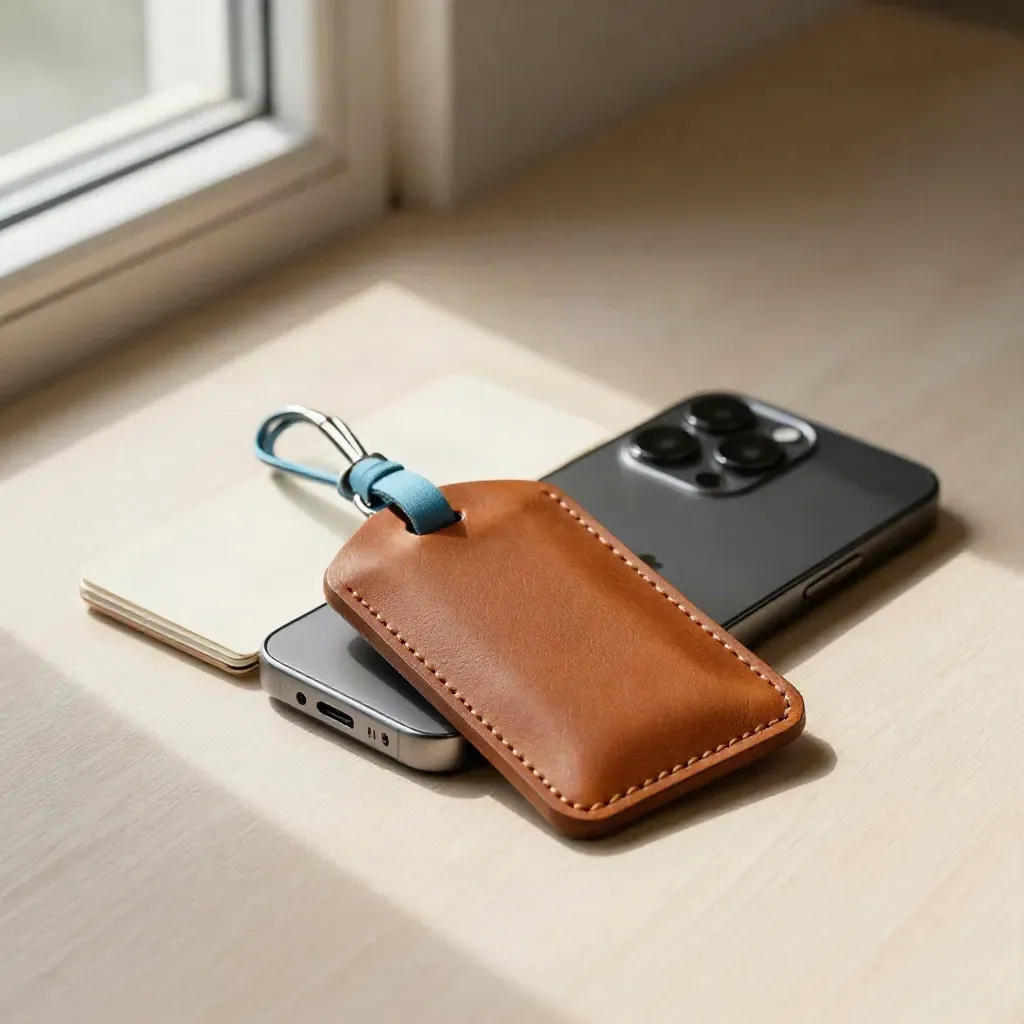 Dark phone, leather luggage tag, and card on pale wood with soft side light.