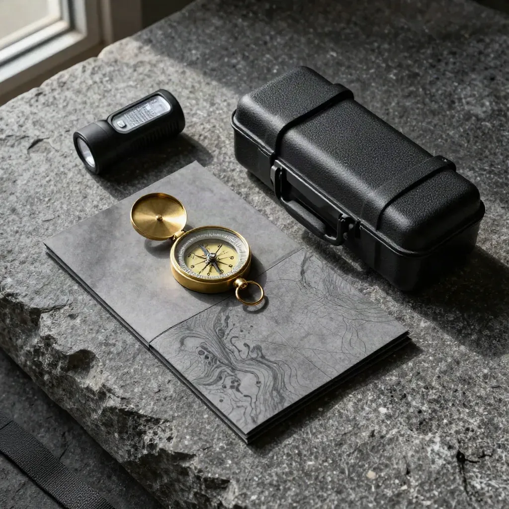 Overhead flatlay of trail-planning tools on rough stone, with compass, route sleeve and weather case.