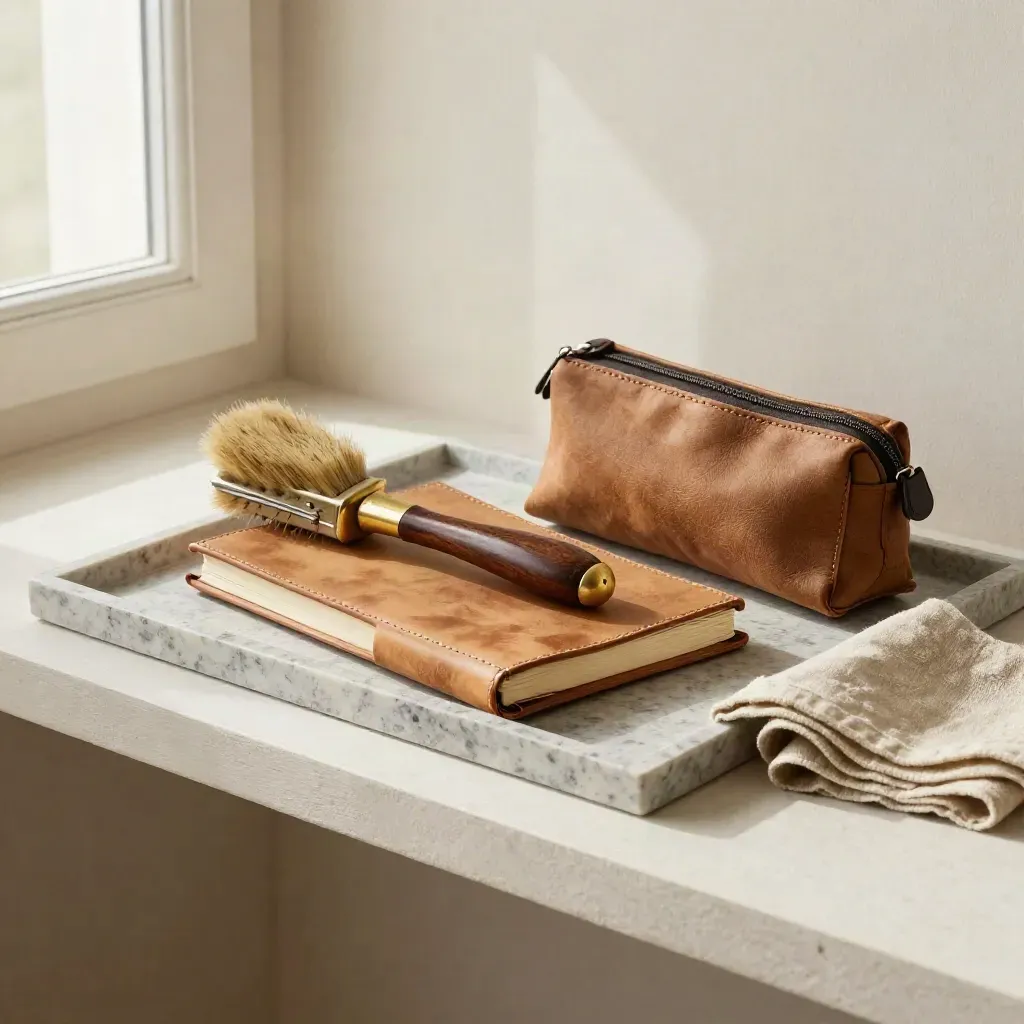 Closed field journal, boot brush, and route pouch on a pale plaster shelf in soft daylight.