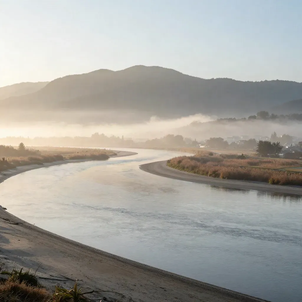 Fraser River delta at dawn with mist, tidal flats, and the North Shore mountains
