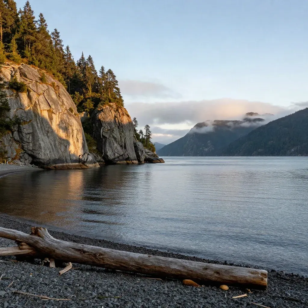 Golden-hour Howe Sound fjord with granite cliffs, mist, and calm open water for copy.
