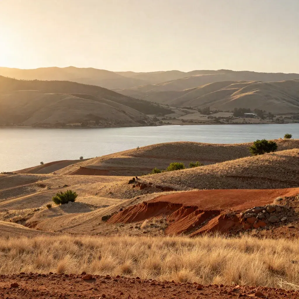 Okanagan lake and sage hills in warm haze with open copy space