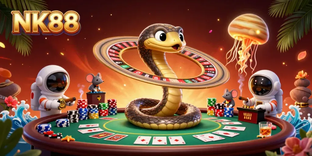 Engage in thrilling betting action at NK88 with an animated casino scene featuring vibrant characters and game elements.
