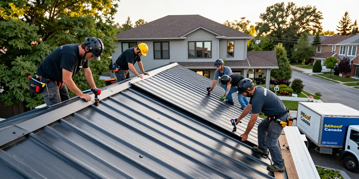 MRoof Canada installation team positioning metal roofing on a home in Toronto, showcasing professional craftsmanship and teamwork.