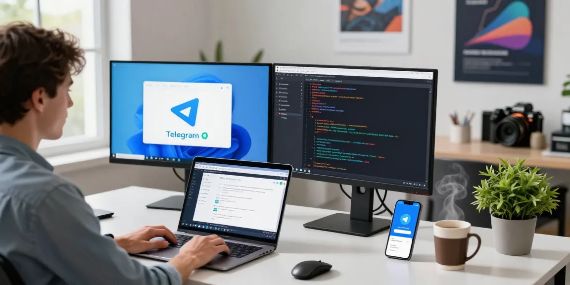 Telegram Download in a vibrant tech workspace with modern devices and coding screens.