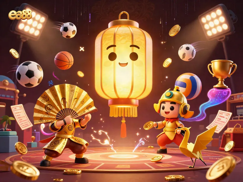 ea88 features a vibrant 3D casino scene with a glowing lantern spirit, dynamic sports elements, and lucky symbols.