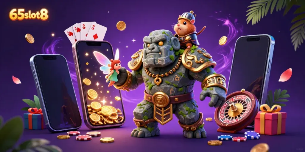Experience the vibrant magic of 65slot8 with a golem guardian, fairy, and hamster knight surrounded by exciting casino elements.