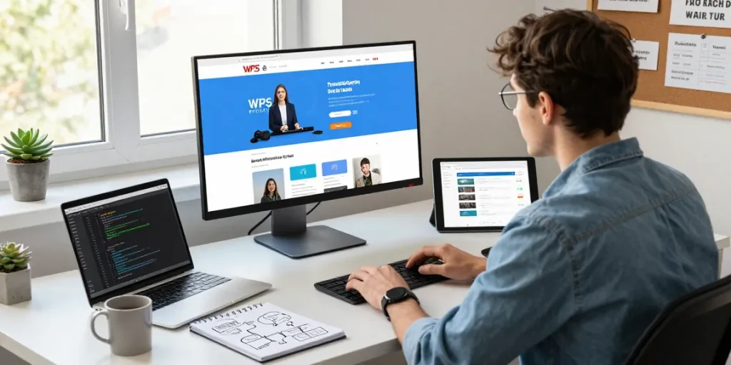 Developer at workspace showcasing WPS Official Website with modern tech elements.