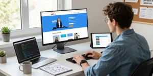 Developer at workspace showcasing WPS Official Website with modern tech elements.