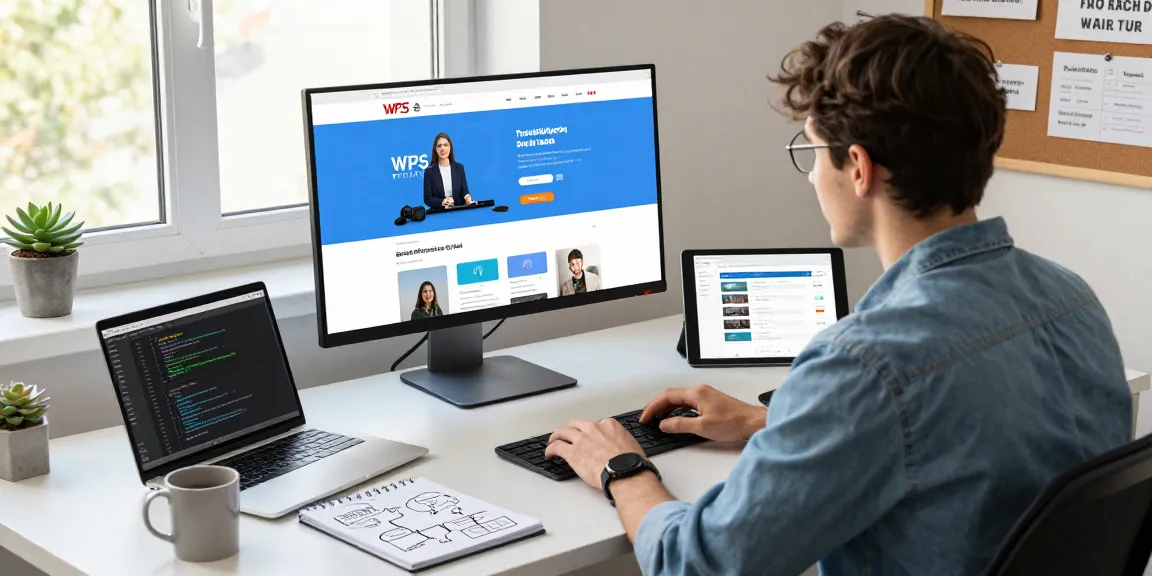 Developer at workspace showcasing WPS Official Website with modern tech elements.